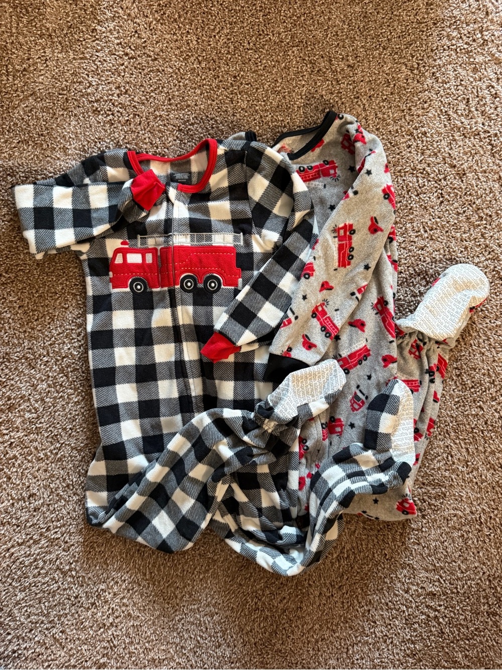 Unbranded Kids Red Fire Truck One-Piece Pajamas - Black & White Plaid